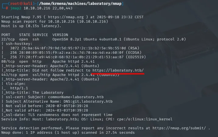 nmap -sCV: Apache 2.4.41, redirección a laboratory.htb y SAN git.laboratory.htb