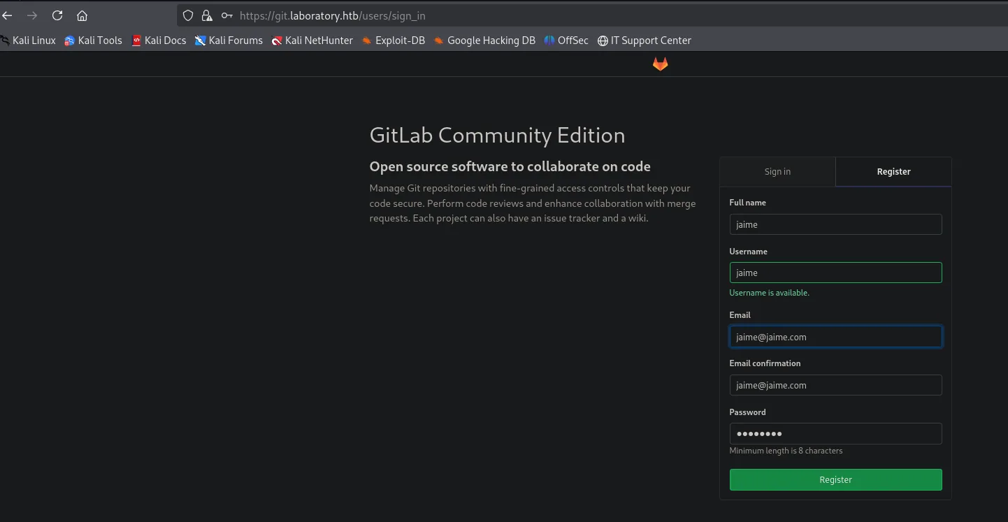 registro de GitLab: primer intento con jaime@jaime.com