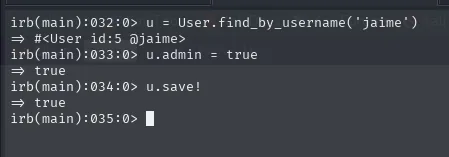 rails console: u.admin = true y u.save!