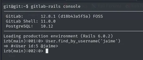 gitlab-rails console dentro del contenedor víctima: GitLab 12.8.1 FOSS y el usuario jaime con id 5