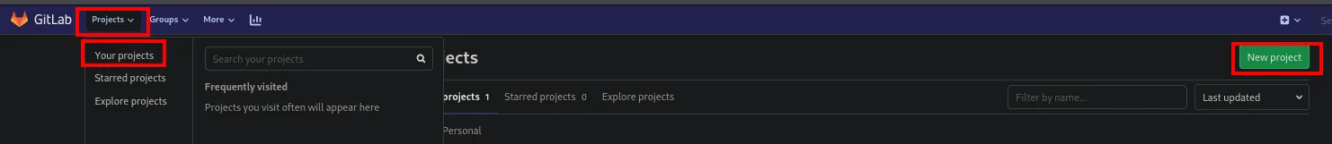 La barra superior de GitLab con el menú Projects desplegado, la opción Your projects y el botón verde New project resaltados