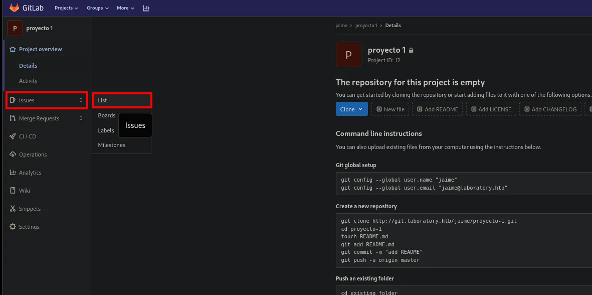 La vista de proyecto 1 en GitLab, con el repositorio vacío y el menú lateral Issues desplegado sobre la opción List