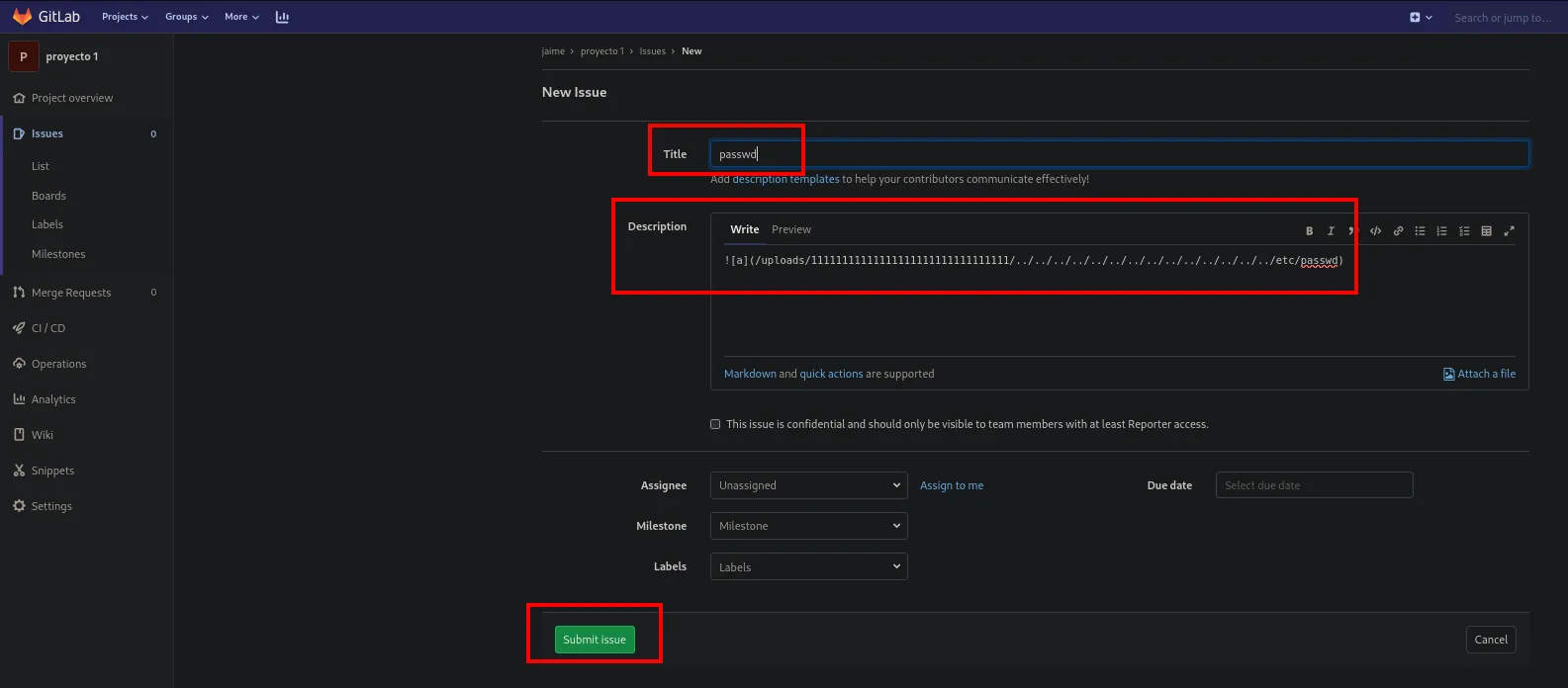 New Issue con el payload de path traversal en la descripción
