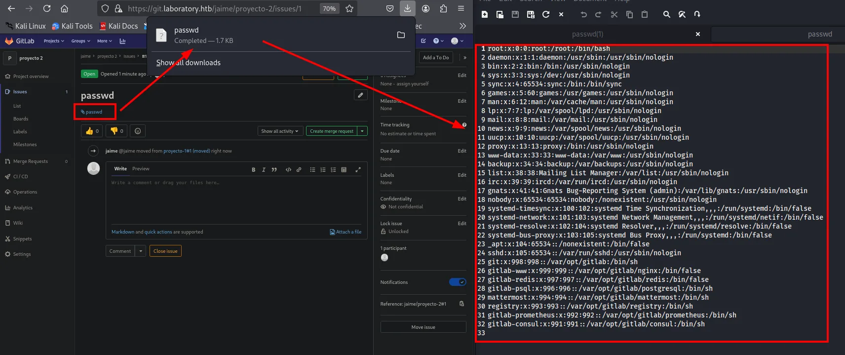 contenido de /etc/passwd exfiltrado vía el arbitrary file read