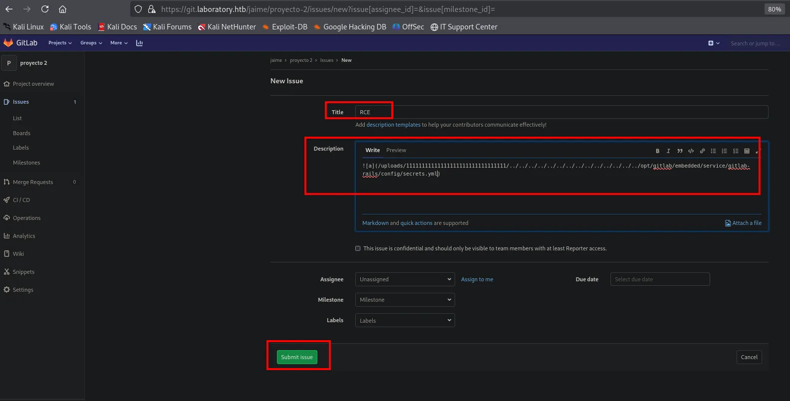 nuevo issue con el payload apuntando a secrets.yml