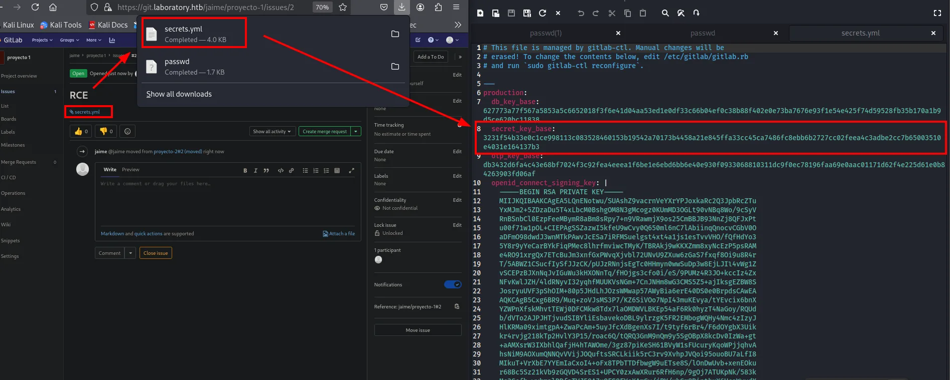 secrets.yml descargado: db_key_base, secret_key_base y otp_key_base en claro