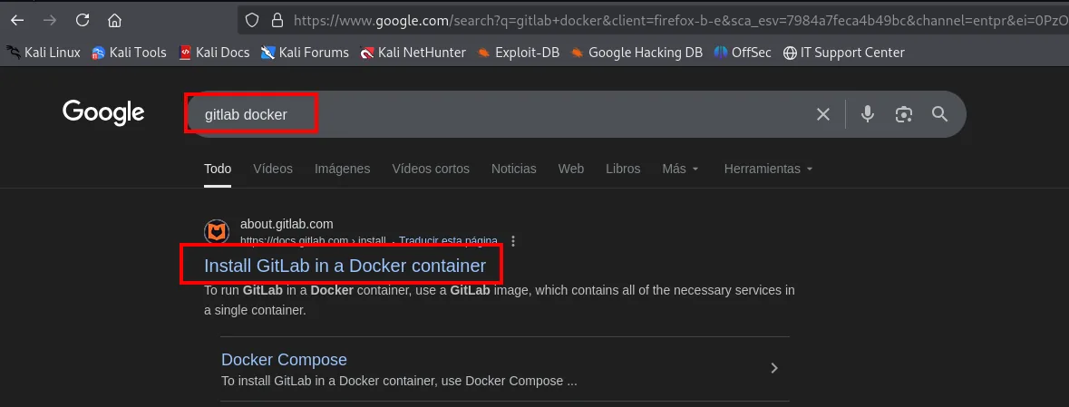 la búsqueda de "gitlab docker" devuelve como primer resultado Install GitLab in a Docker container en docs.gitlab.com