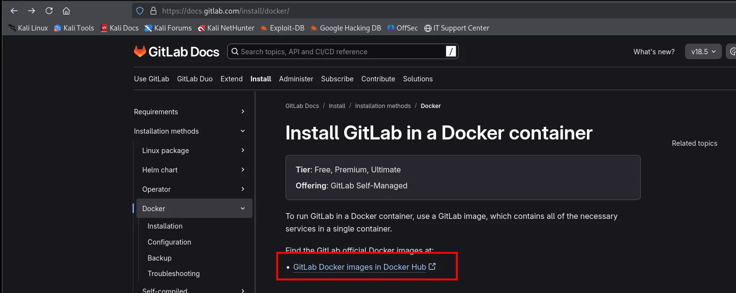 la página Install GitLab in a Docker container de GitLab Docs con el enlace a las imágenes oficiales en Docker Hub resaltado