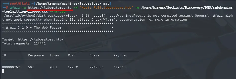 wfuzz descubre el subdominio git.laboratory.htb