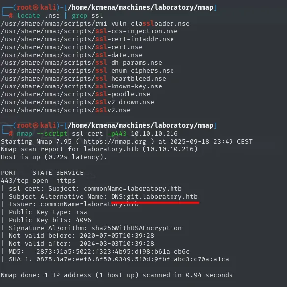 ssl-cert imprime DNS:git.laboratory.htb como SAN