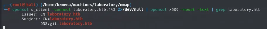 openssl muestra DNS:git.laboratory.htb en el certificado