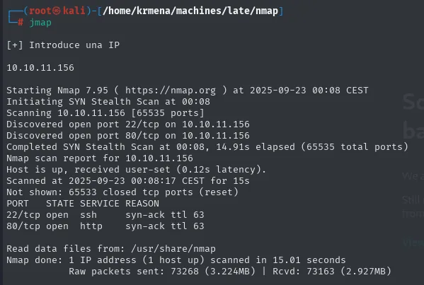 nmap -p- en Late: 22 y 80