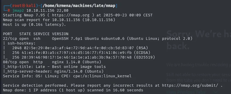 nmap -sCV en puertos 22 y 80: OpenSSH 7.6p1, nginx 1.14.0