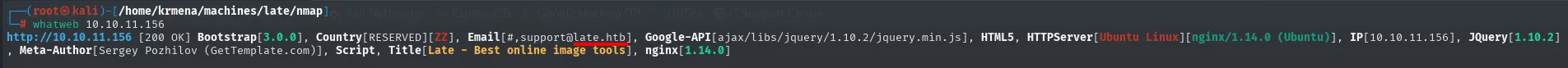 whatweb en 10.10.11.156: Bootstrap 3.0.0, nginx 1.14.0, support@late.htb