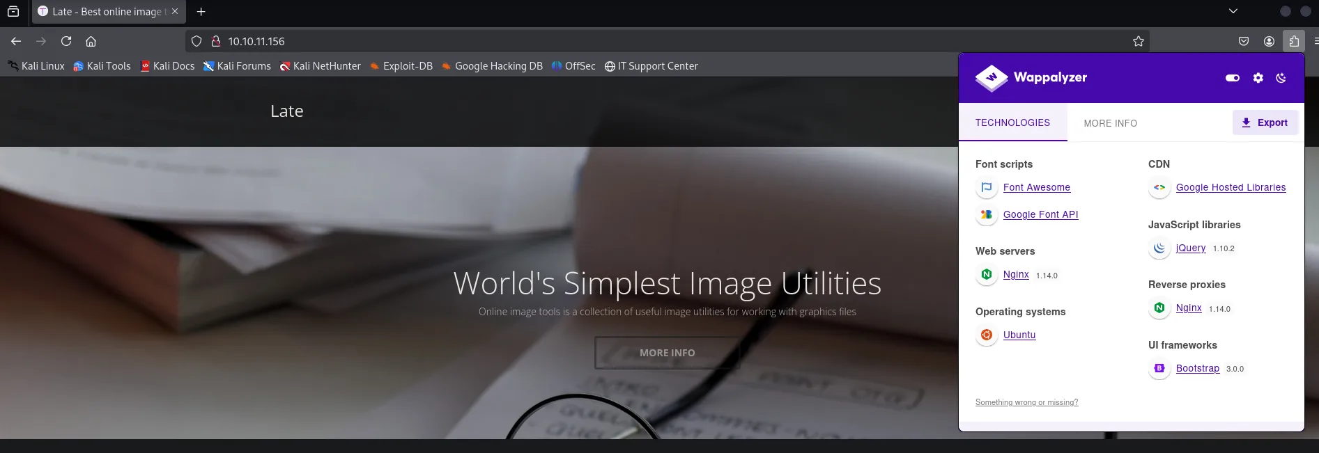 Wappalyzer en late.htb: Bootstrap, jQuery, nginx, Font Awesome