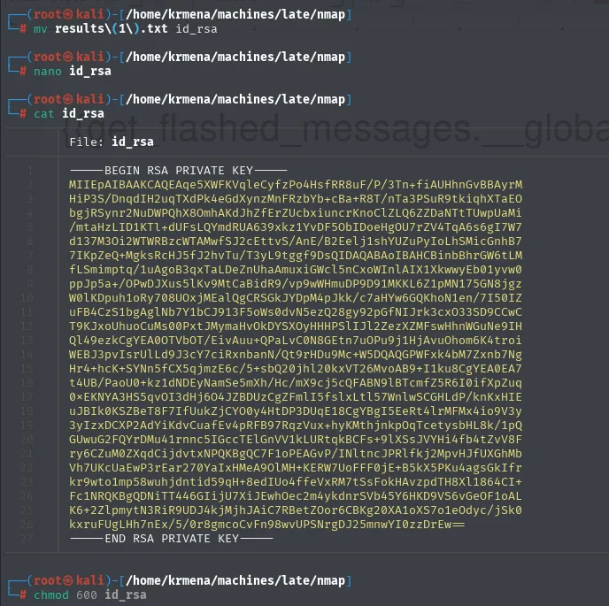 renombrando a id_rsa, limpiando con nano, cat mostrando la clave RSA completa y chmod 600