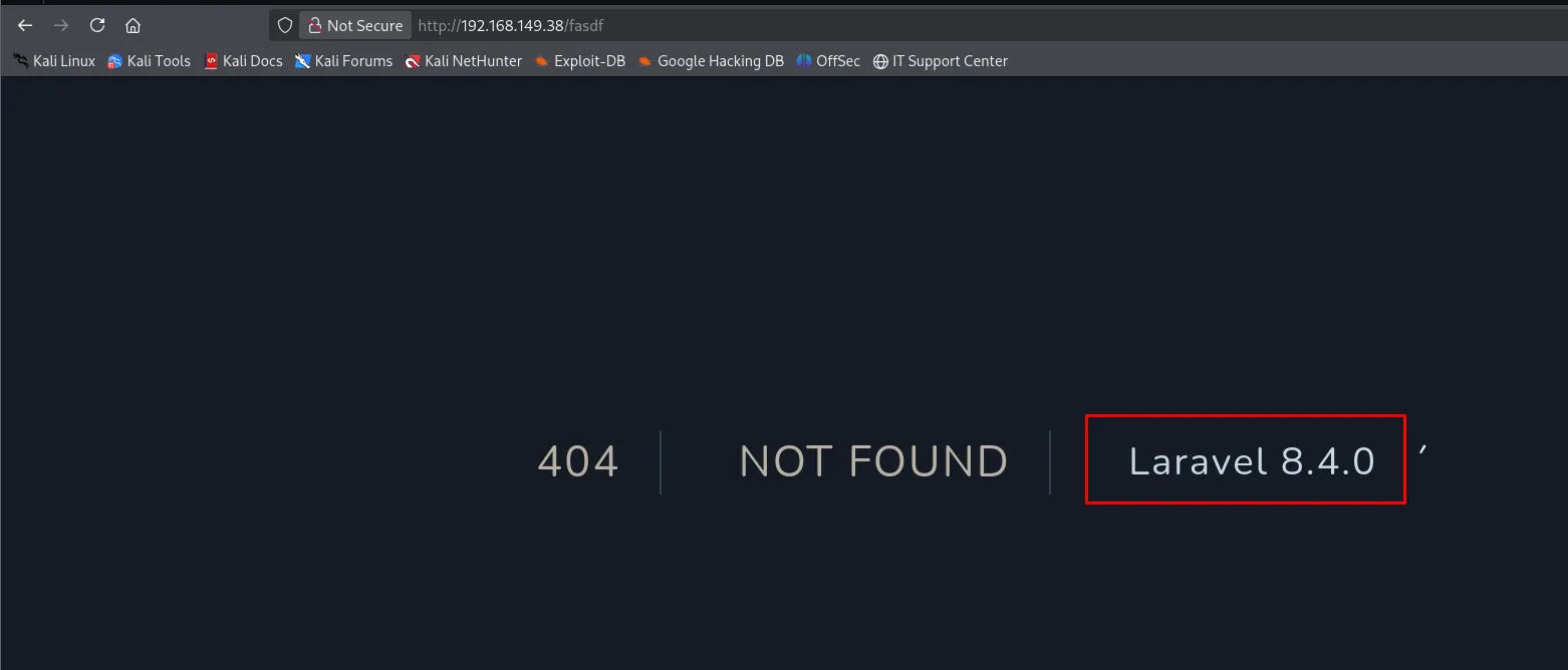Página de error de Ignition que revela la versión Laravel 8.4.0