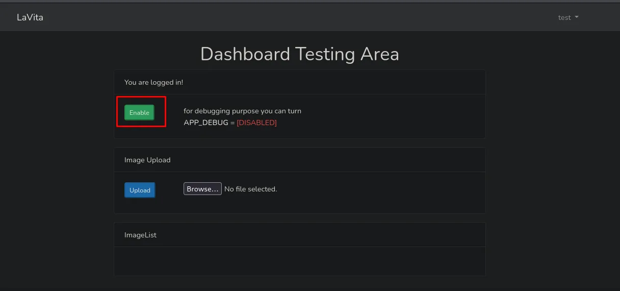 Dashboard de LaVita: botón Enable, "for debugging purpose you can turn APP_DEBUG" en estado DISABLED