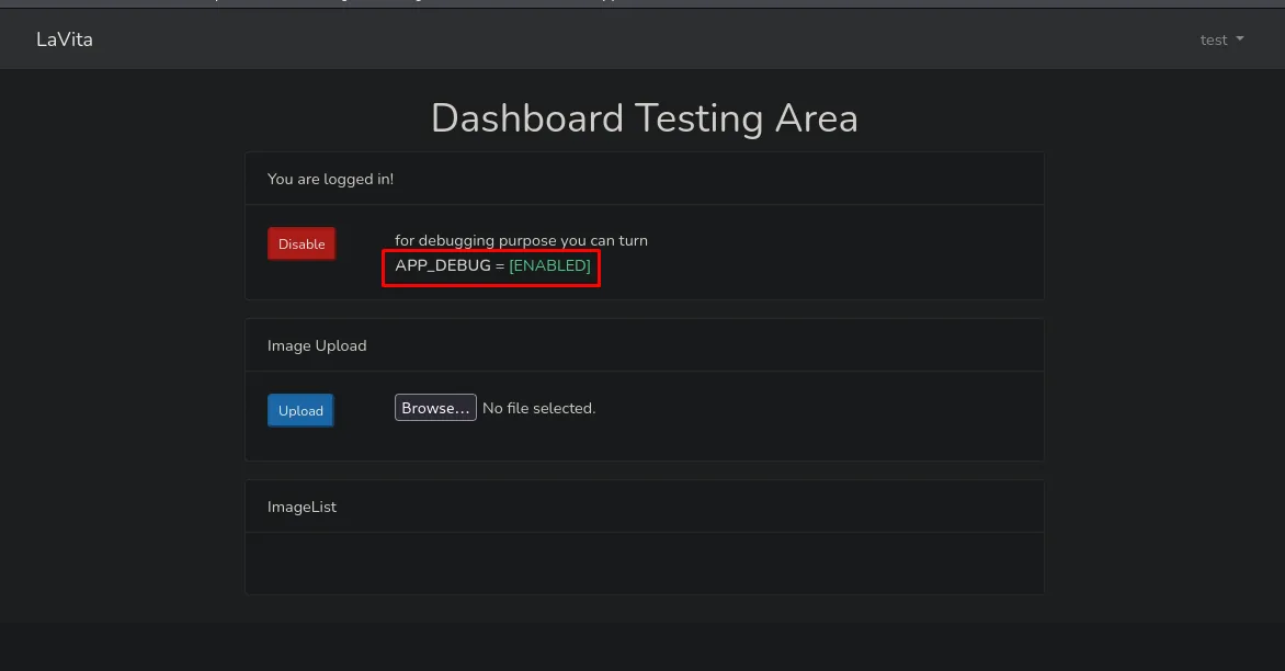 Dashboard con APP_DEBUG en estado ENABLED tras pulsar Enable