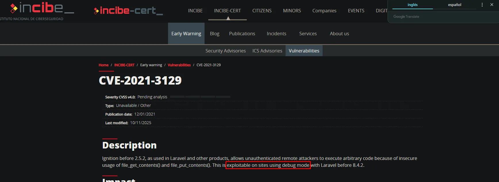 Ficha INCIBE de la CVE-2021-3129: Ignition <2.5.2, exploitable en modo debug con Laravel <8.4.2