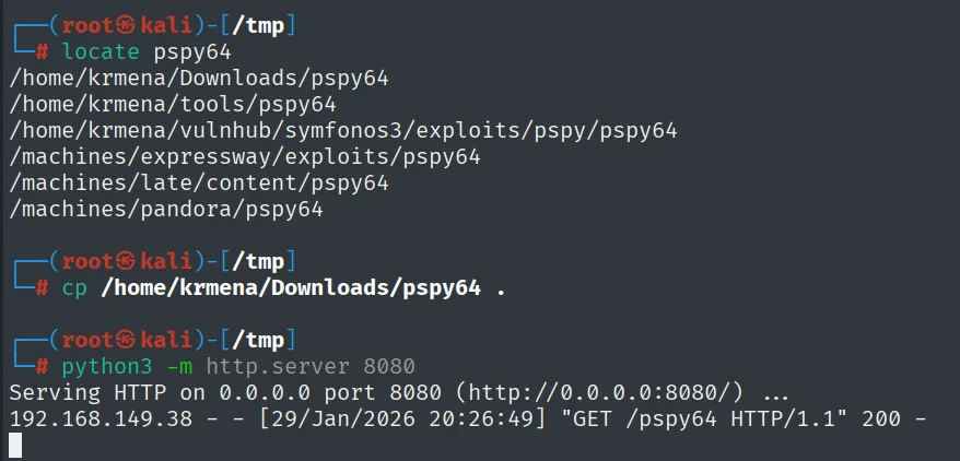 Kali localiza pspy64, lo copia y lo sirve por http.server 8080; la víctima lo descarga