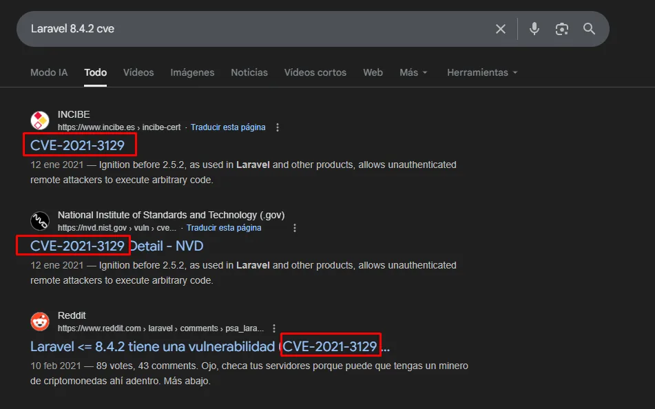Búsqueda "Laravel 8.4.2 cve" que apunta a la CVE-2021-3129 (INCIBE, NVD)