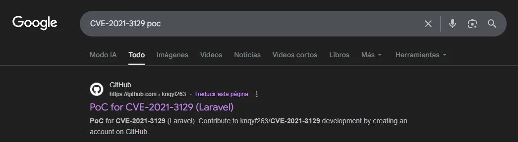 Búsqueda "CVE-2021-3129 poc" que apunta al repo knqyf263/CVE-2021-3129