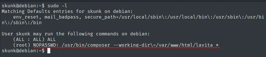 sudo -l de skunk: (root) NOPASSWD: /usr/bin/composer --working-dir=/var/www/html/lavita *