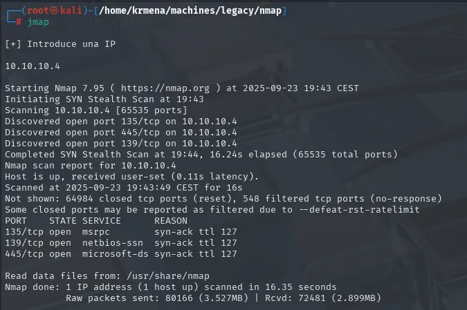 nmap -p- en Legacy: 135, 139, 445