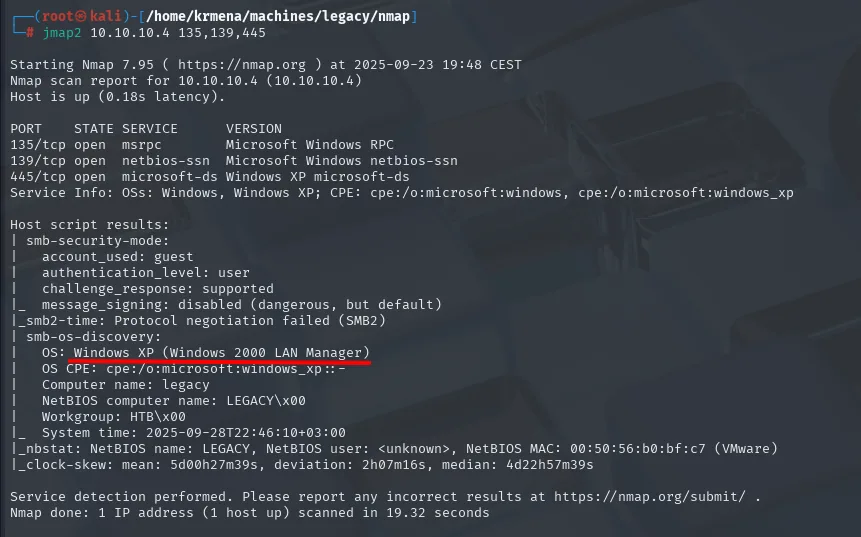 nmap -sCV: Windows XP (Windows 2000 LAN Manager), Computer: Legacy
