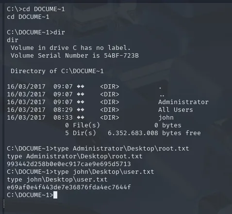 type Administrator\Desktop\root.txt y john\Desktop\user.txt
