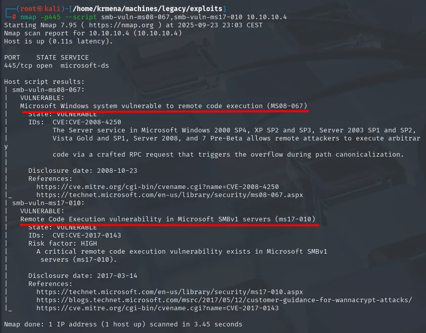 nmap confirma VULNERABLE a MS08-067 y MS17-010