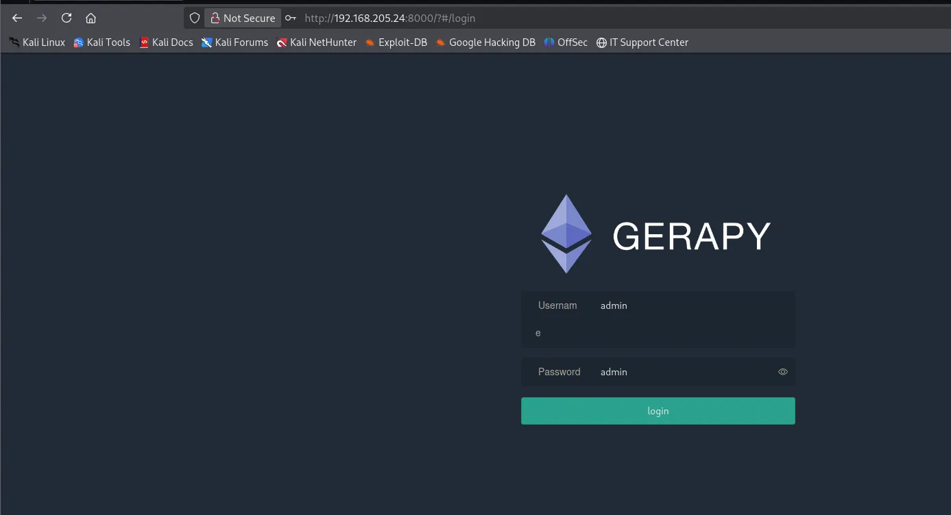 Panel de Gerapy accesible con credenciales por defecto admin/admin