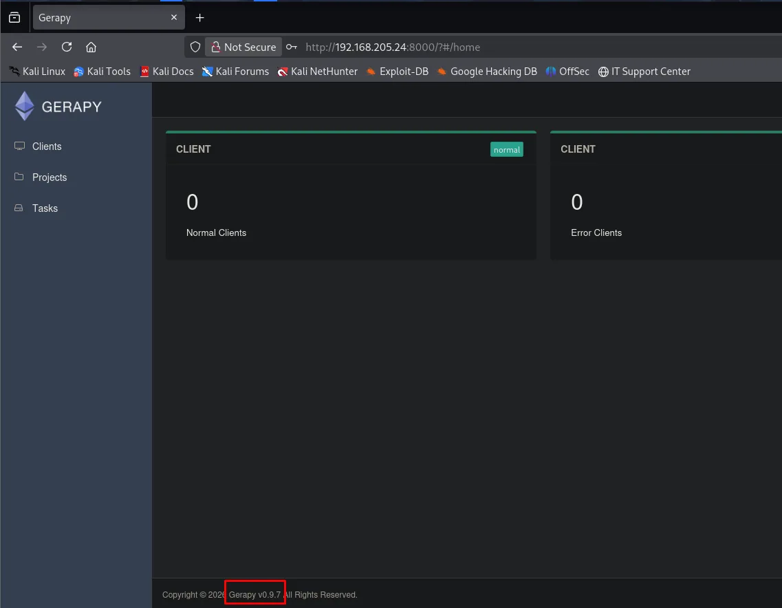 Dashboard de Gerapy en /#/home con el pie de página mostrando Gerapy v0.9.7
